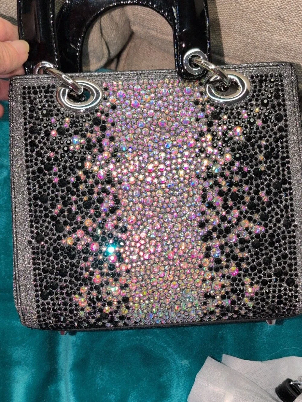 Crystal-Embellished Black Patent Mini Tote With Crossbody Strap - Picture 5 of 16